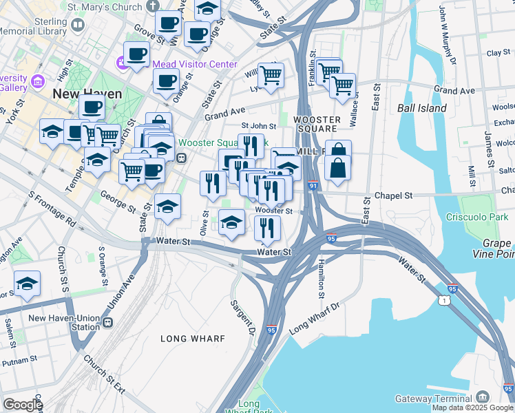map of restaurants, bars, coffee shops, grocery stores, and more near 190 Wooster Street in New Haven