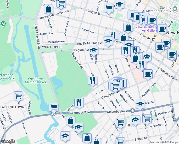 map of restaurants, bars, coffee shops, grocery stores, and more near 42 Stevens Street in New Haven