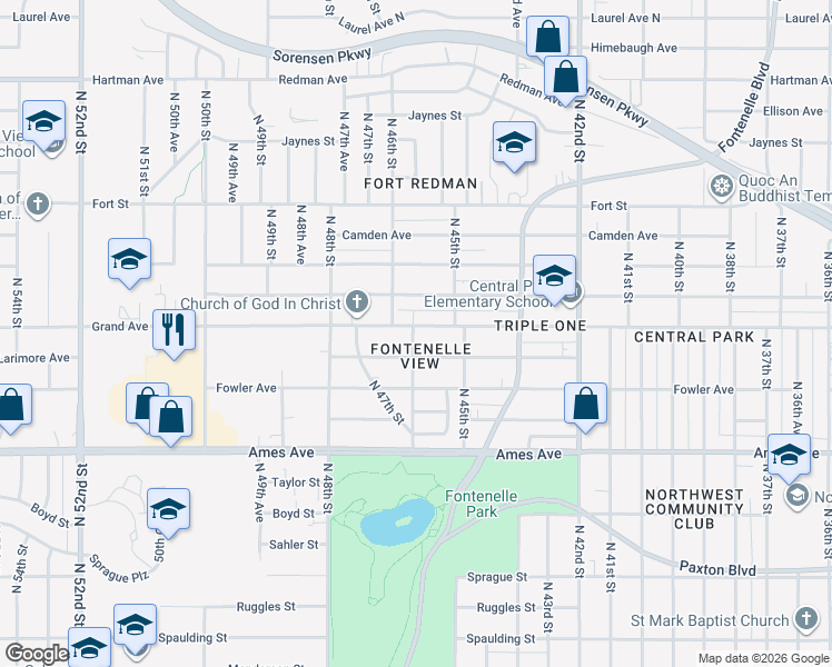map of restaurants, bars, coffee shops, grocery stores, and more near 4542 Larimore Avenue in Omaha