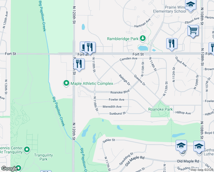 map of restaurants, bars, coffee shops, grocery stores, and more near 11736 Roanoke Boulevard in Omaha