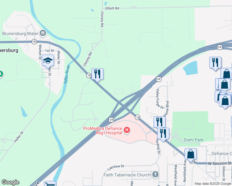 map of restaurants, bars, coffee shops, grocery stores, and more near 1400 Ralston Avenue in Defiance