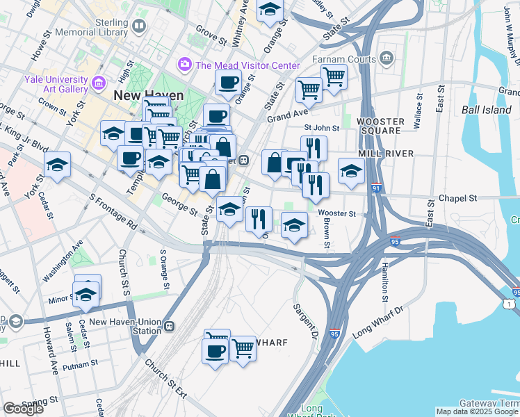 map of restaurants, bars, coffee shops, grocery stores, and more near 87 Union Street in New Haven