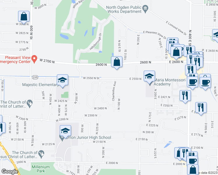 map of restaurants, bars, coffee shops, grocery stores, and more near 155 Savannah Lane in Ogden