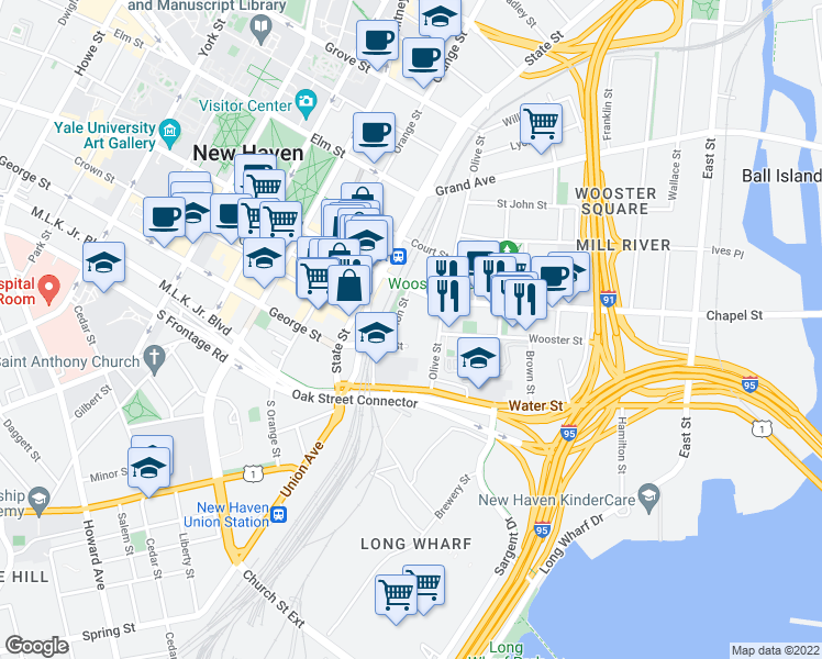 map of restaurants, bars, coffee shops, grocery stores, and more near in New Haven