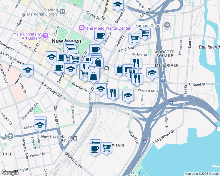 map of restaurants, bars, coffee shops, grocery stores, and more near 87 Union Street in New Haven