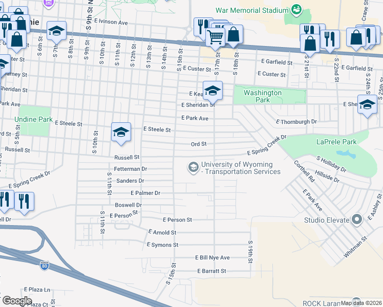 map of restaurants, bars, coffee shops, grocery stores, and more near 1209 South 15th Street in Laramie