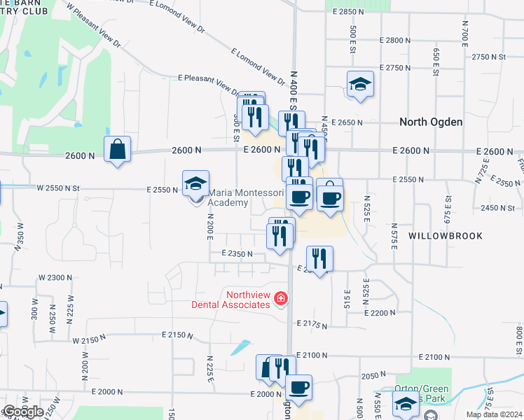 map of restaurants, bars, coffee shops, grocery stores, and more near 2421 North Washington Road Boulevard in North Ogden