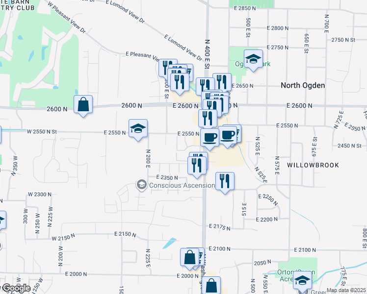 map of restaurants, bars, coffee shops, grocery stores, and more near 2421 North Washington Road Boulevard in North Ogden