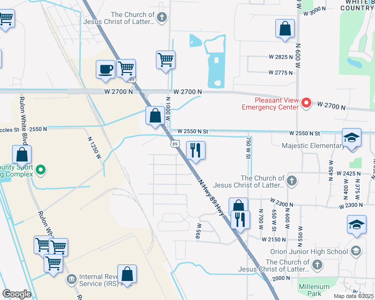map of restaurants, bars, coffee shops, grocery stores, and more near 99 1st Street in Pleasant View