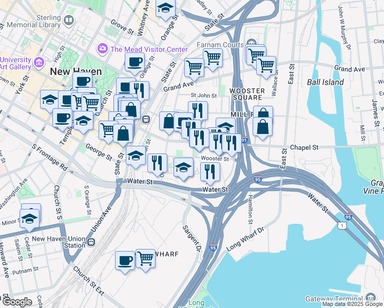 map of restaurants, bars, coffee shops, grocery stores, and more near 190 Wooster Street in New Haven
