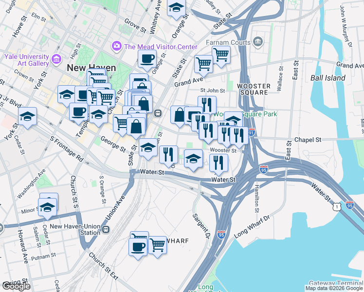 map of restaurants, bars, coffee shops, grocery stores, and more near 66 Warren Street in New Haven