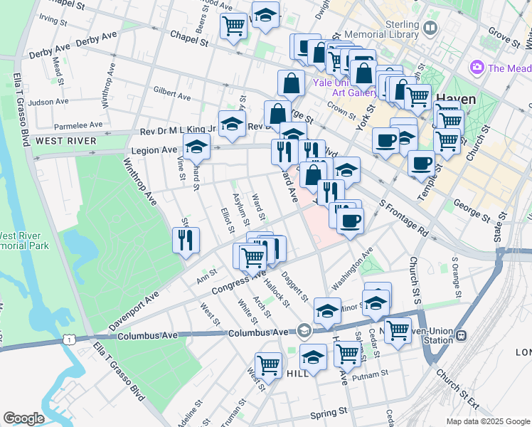 map of restaurants, bars, coffee shops, grocery stores, and more near 169 Davenport Avenue in New Haven
