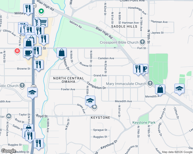 map of restaurants, bars, coffee shops, grocery stores, and more near 4727 North 83rd Avenue Circle in Omaha