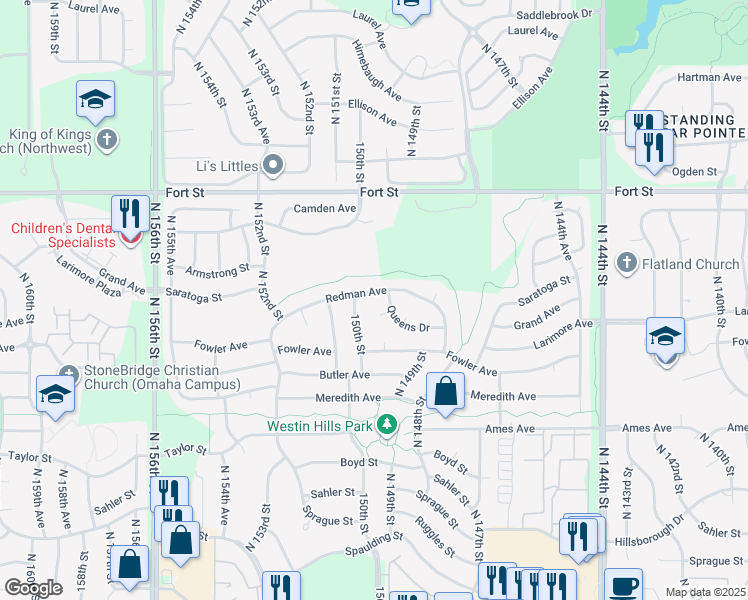 map of restaurants, bars, coffee shops, grocery stores, and more near 4741 North 149th Avenue Circle in Omaha