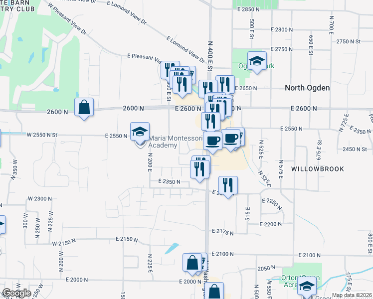 map of restaurants, bars, coffee shops, grocery stores, and more near 325 East 2550 North in North Ogden