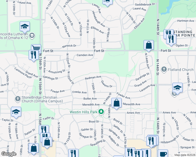 map of restaurants, bars, coffee shops, grocery stores, and more near 4741 North 149th Avenue Circle in Omaha