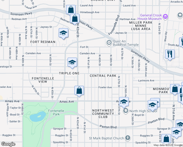 map of restaurants, bars, coffee shops, grocery stores, and more near Grand Ave & N 40th Ave in Omaha