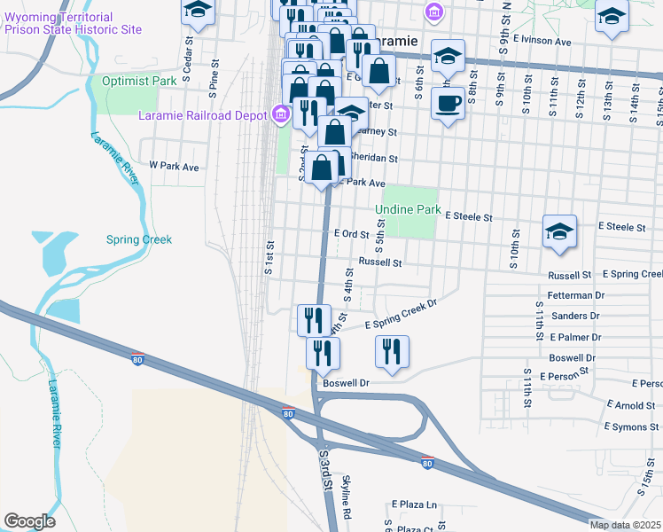 map of restaurants, bars, coffee shops, grocery stores, and more near 398 E Fetterman St in Laramie