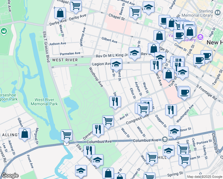 map of restaurants, bars, coffee shops, grocery stores, and more near 58 Stevens Street in New Haven