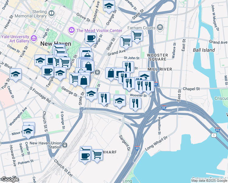map of restaurants, bars, coffee shops, grocery stores, and more near 66 Warren Street in New Haven