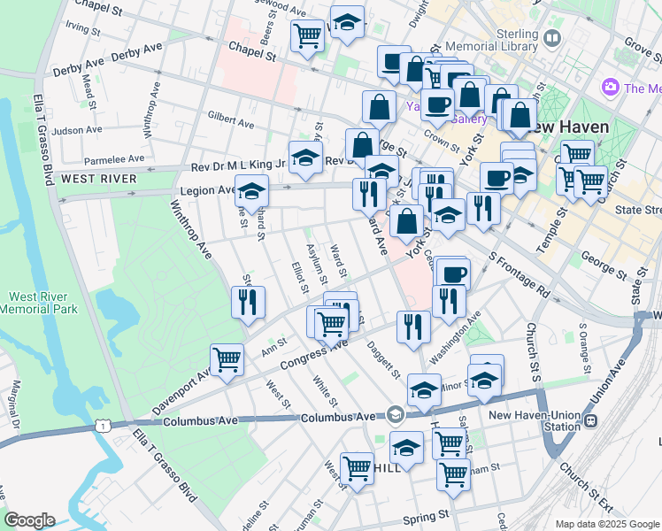 map of restaurants, bars, coffee shops, grocery stores, and more near 169 Davenport Avenue in New Haven