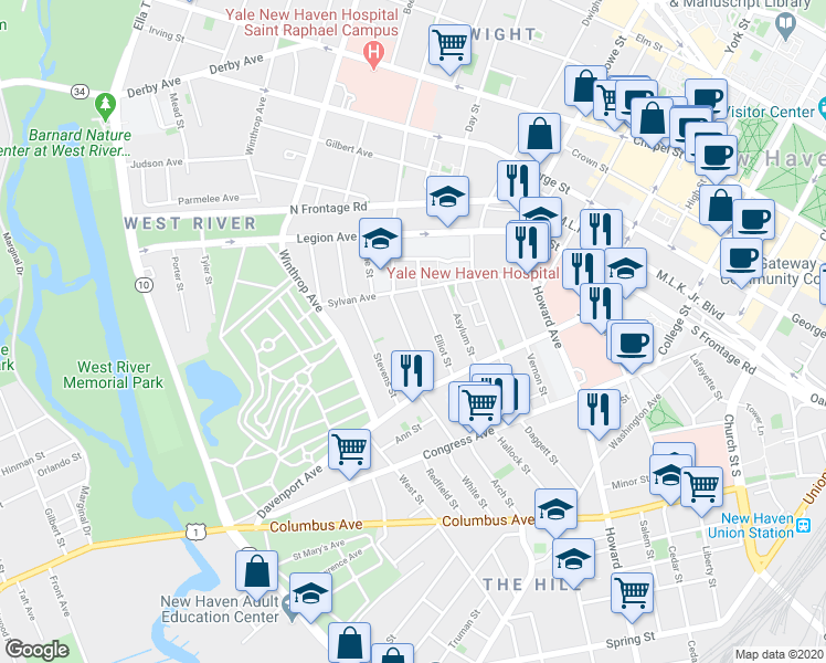 map of restaurants, bars, coffee shops, grocery stores, and more near 40 Orchard Street in New Haven