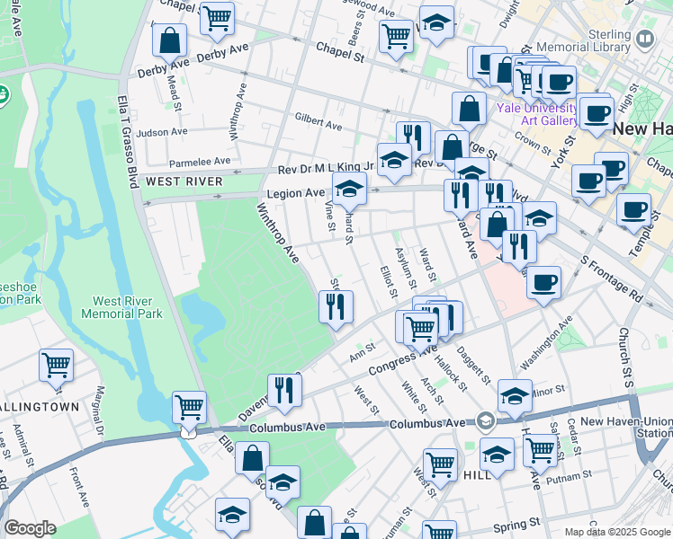 map of restaurants, bars, coffee shops, grocery stores, and more near 42 Stevens Street in New Haven
