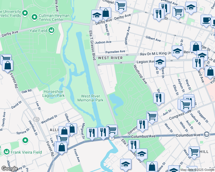 map of restaurants, bars, coffee shops, grocery stores, and more near 915 Ella T Grasso Boulevard in New Haven