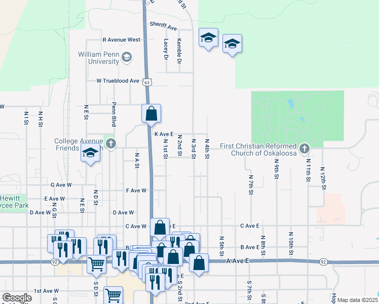 map of restaurants, bars, coffee shops, grocery stores, and more near 607 North 3rd Street in Oskaloosa