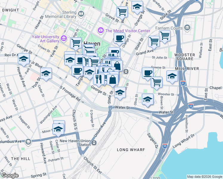 map of restaurants, bars, coffee shops, grocery stores, and more near in New Haven