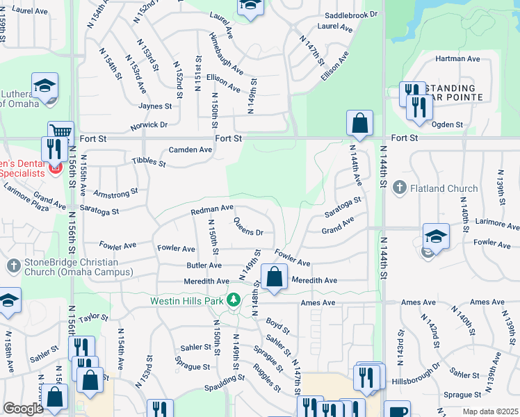 map of restaurants, bars, coffee shops, grocery stores, and more near 5019 North 152nd Street in Omaha