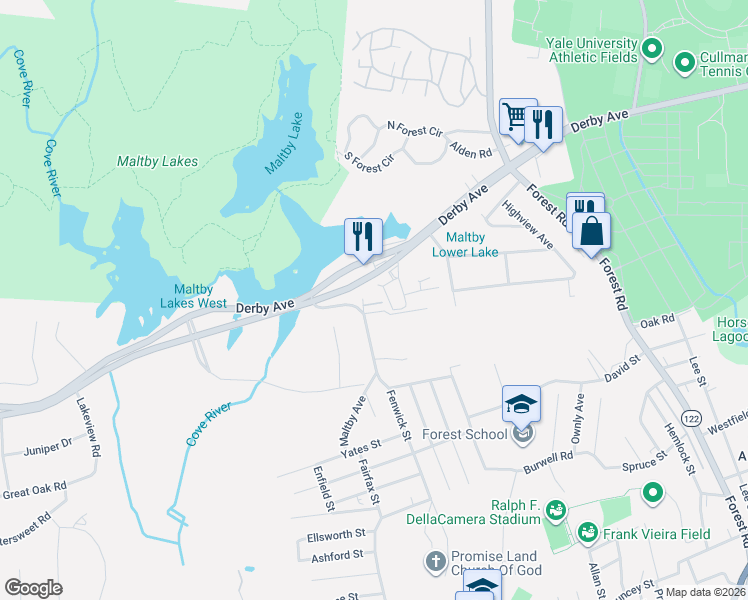 map of restaurants, bars, coffee shops, grocery stores, and more near 2 Elizabeth Street in West Haven