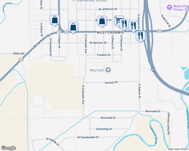 map of restaurants, bars, coffee shops, grocery stores, and more near 2075 Venture Drive in Laramie