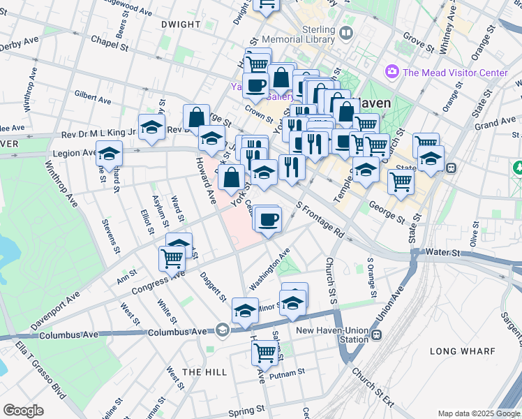 map of restaurants, bars, coffee shops, grocery stores, and more near 333 Cedar Street in New Haven