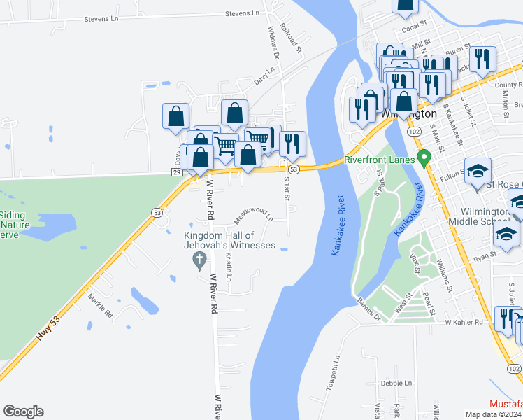 map of restaurants, bars, coffee shops, grocery stores, and more near 700 Meadowood Lane in Wilmington