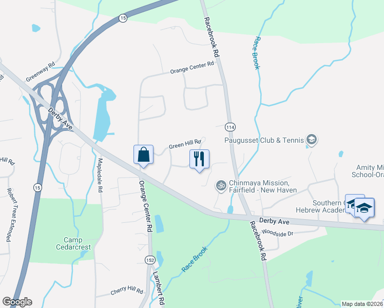 map of restaurants, bars, coffee shops, grocery stores, and more near 34 Green Hill Road in Orange
