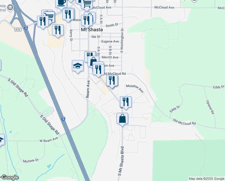 map of restaurants, bars, coffee shops, grocery stores, and more near 1172 South Mount Shasta Boulevard in Mount Shasta