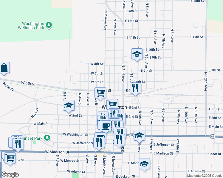 map of restaurants, bars, coffee shops, grocery stores, and more near 101-199 West 6th Street in Washington