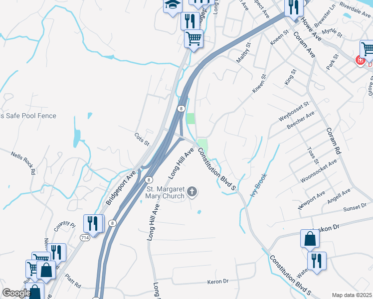 map of restaurants, bars, coffee shops, grocery stores, and more near 343 Long Hill Avenue in Shelton