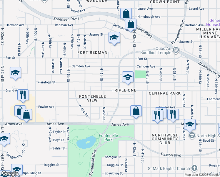 map of restaurants, bars, coffee shops, grocery stores, and more near 4324 Grand Avenue in Omaha