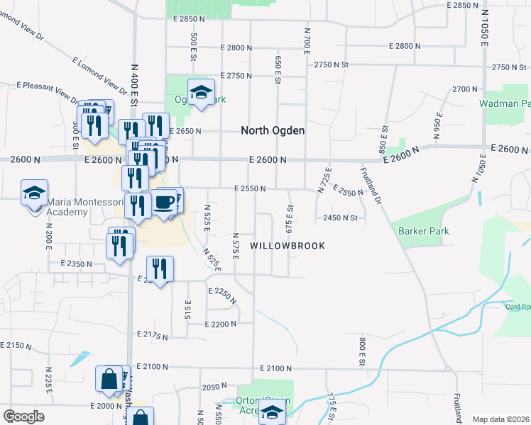 map of restaurants, bars, coffee shops, grocery stores, and more near 657 2550 North Street in Ogden