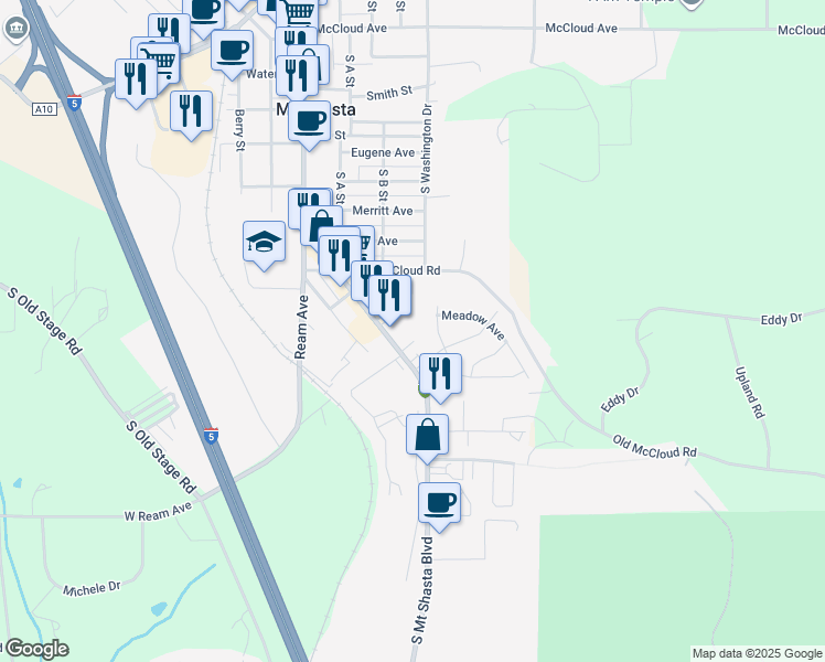 map of restaurants, bars, coffee shops, grocery stores, and more near 1172 South Mount Shasta Boulevard in Mount Shasta