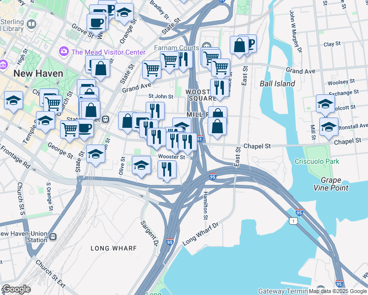 map of restaurants, bars, coffee shops, grocery stores, and more near 494 Chapel Street in New Haven