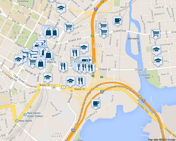 map of restaurants, bars, coffee shops, grocery stores, and more near 494 Chapel Street in New Haven