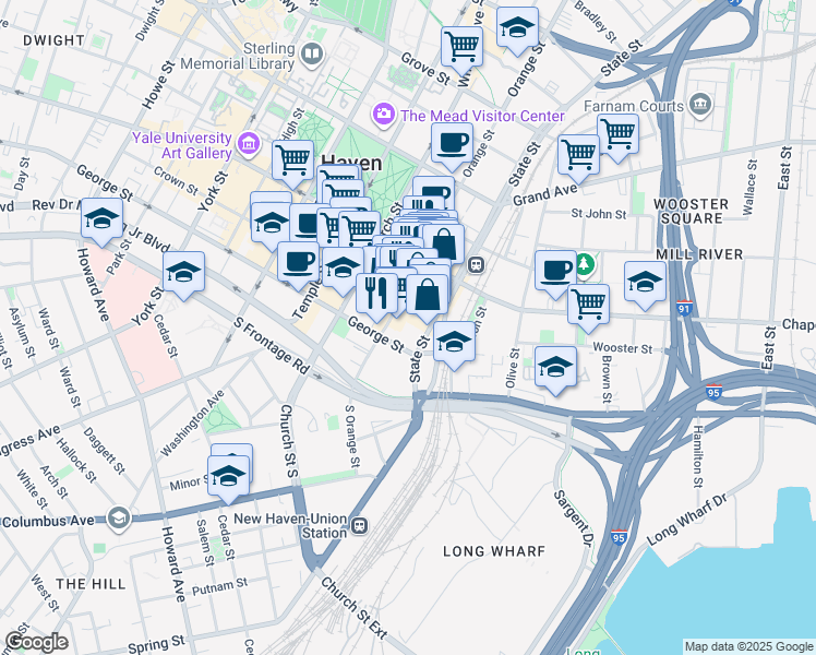 map of restaurants, bars, coffee shops, grocery stores, and more near in New Haven