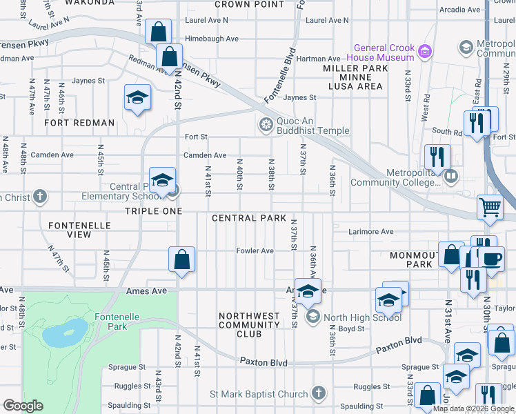 map of restaurants, bars, coffee shops, grocery stores, and more near 3835 Saratoga Street in Omaha