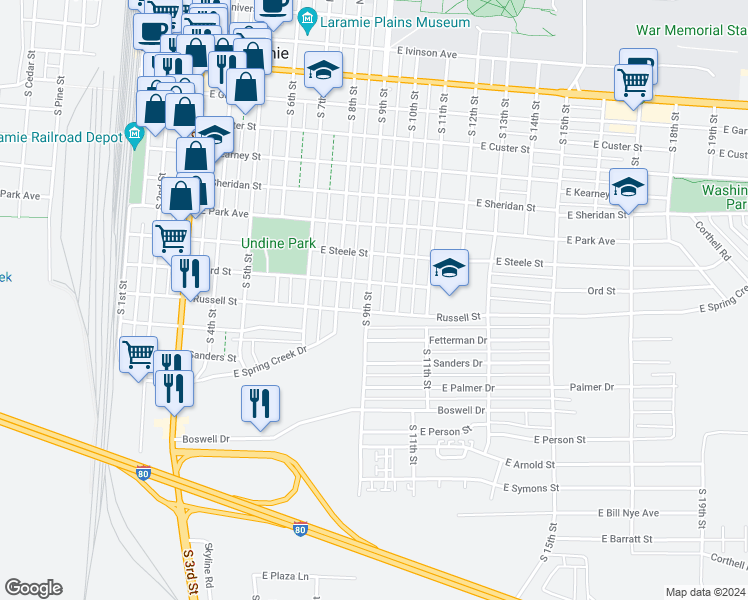 map of restaurants, bars, coffee shops, grocery stores, and more near 1013 South 9th Street in Laramie