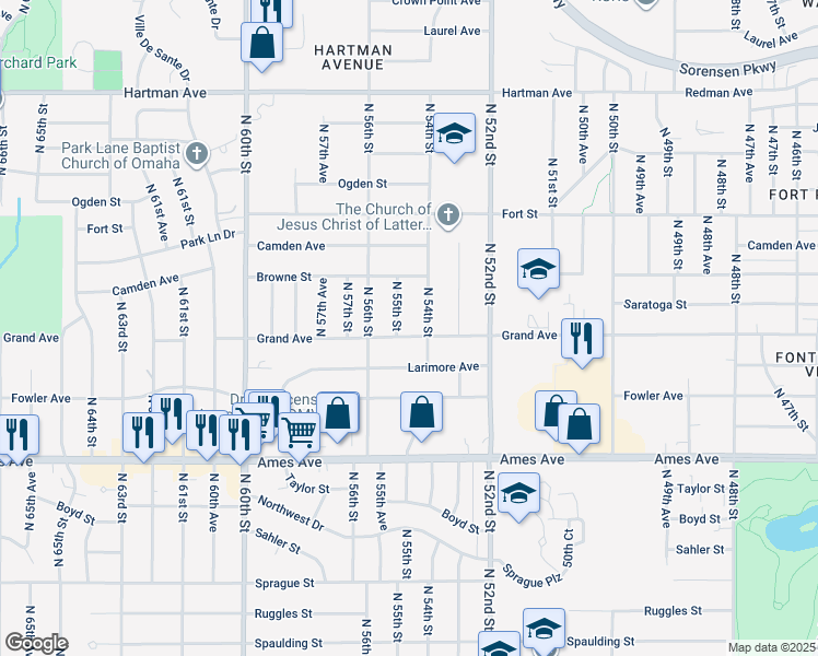 map of restaurants, bars, coffee shops, grocery stores, and more near 4925 North 55th Street in Omaha