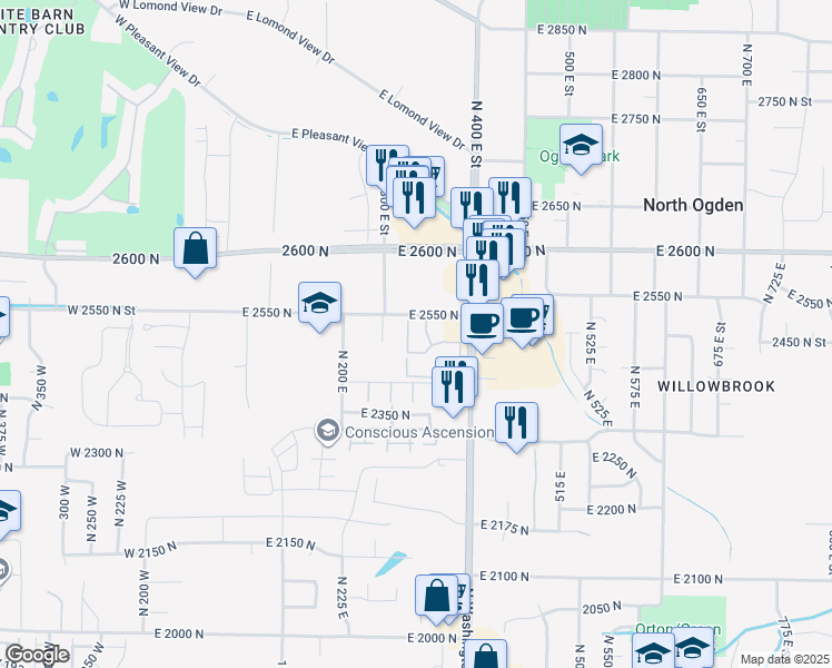 map of restaurants, bars, coffee shops, grocery stores, and more near 325 East 2550 North in North Ogden