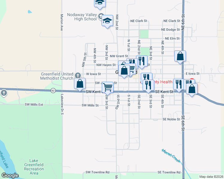 map of restaurants, bars, coffee shops, grocery stores, and more near 212 Southwest Jackson Street in Greenfield